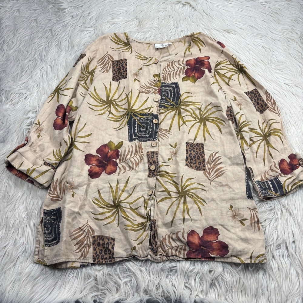 Hot Cotton Women's L Tropical Floral Linen Button Front Tunic Top Lagenlook